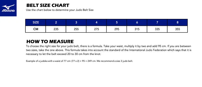 Mizuno Black Belt for martial arts grading, size guide